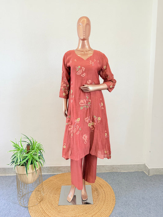 Appliqué Work Mul Chanderi A-line Suit