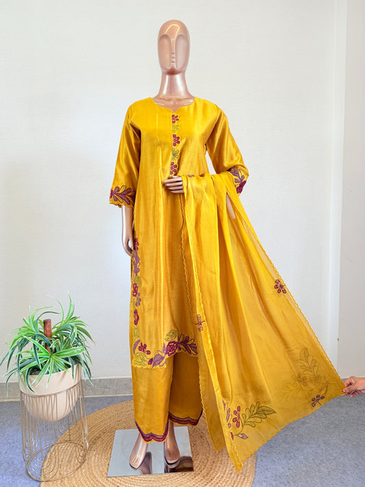 Designer Pure Silk Suit with Applique Work and Palazzo Pants with Organza Dupatta