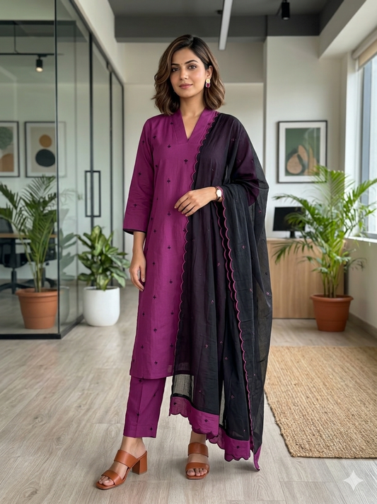 Turn Collar Embroidered Buta Straight Suit with Contrast Border