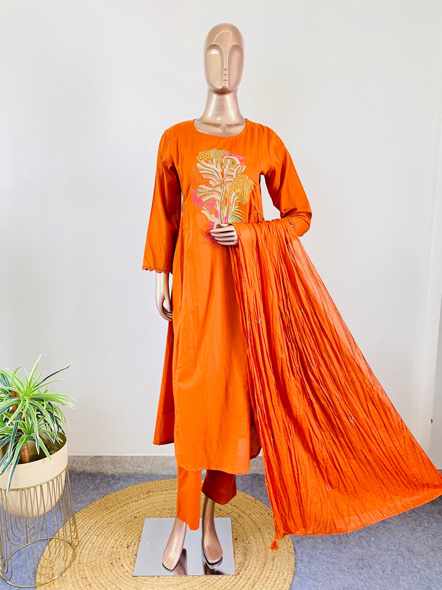 Embroidered Silly Cotton A-line Suit Set - Rust
