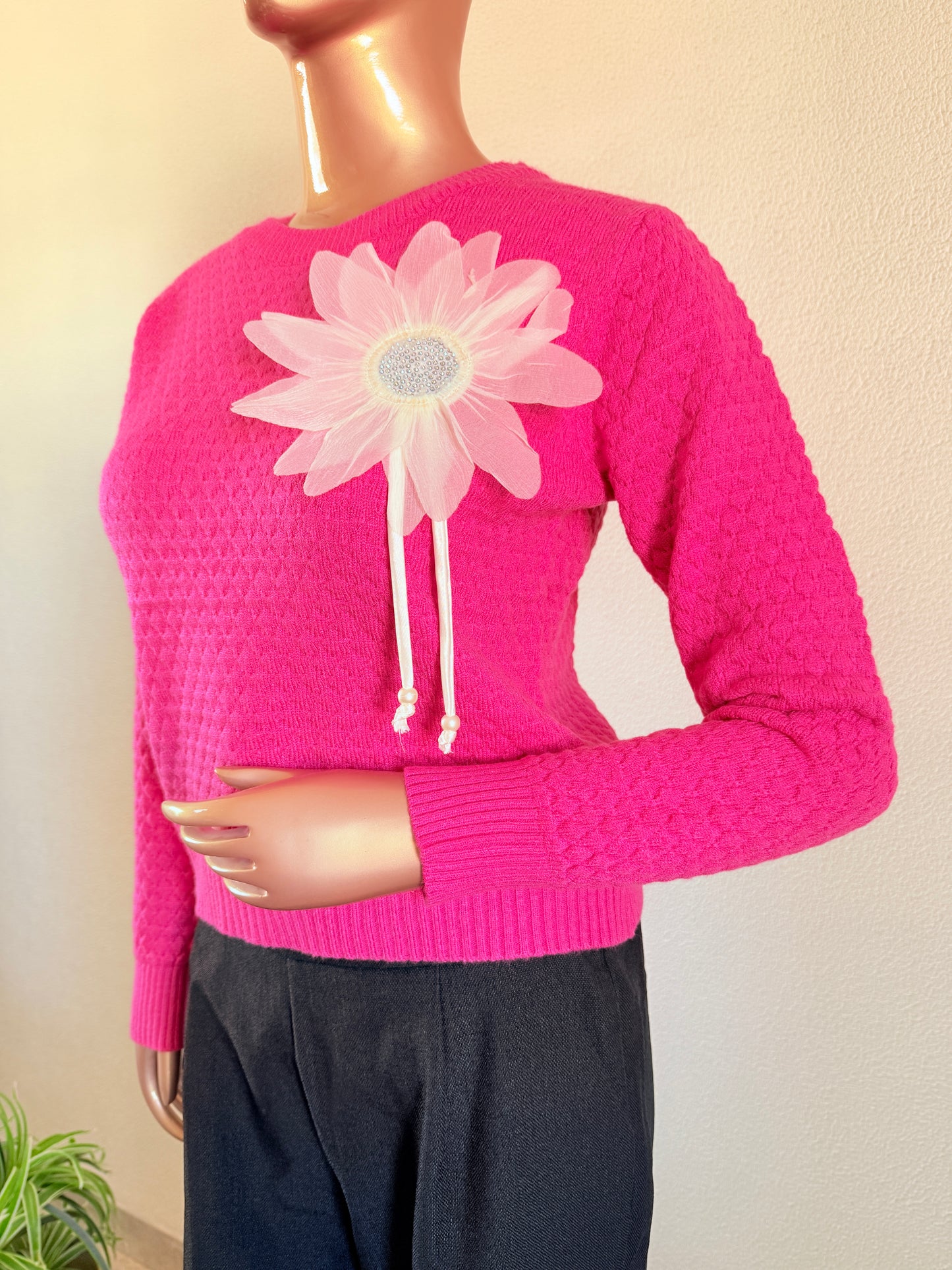 Woollen Top with Floral Patch- Hot Pink