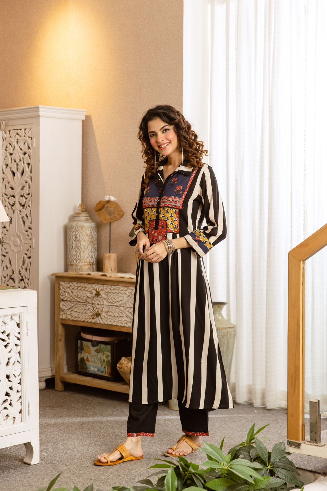 Monochrome Striped Tunic with Patchwork Yoke & Trousers