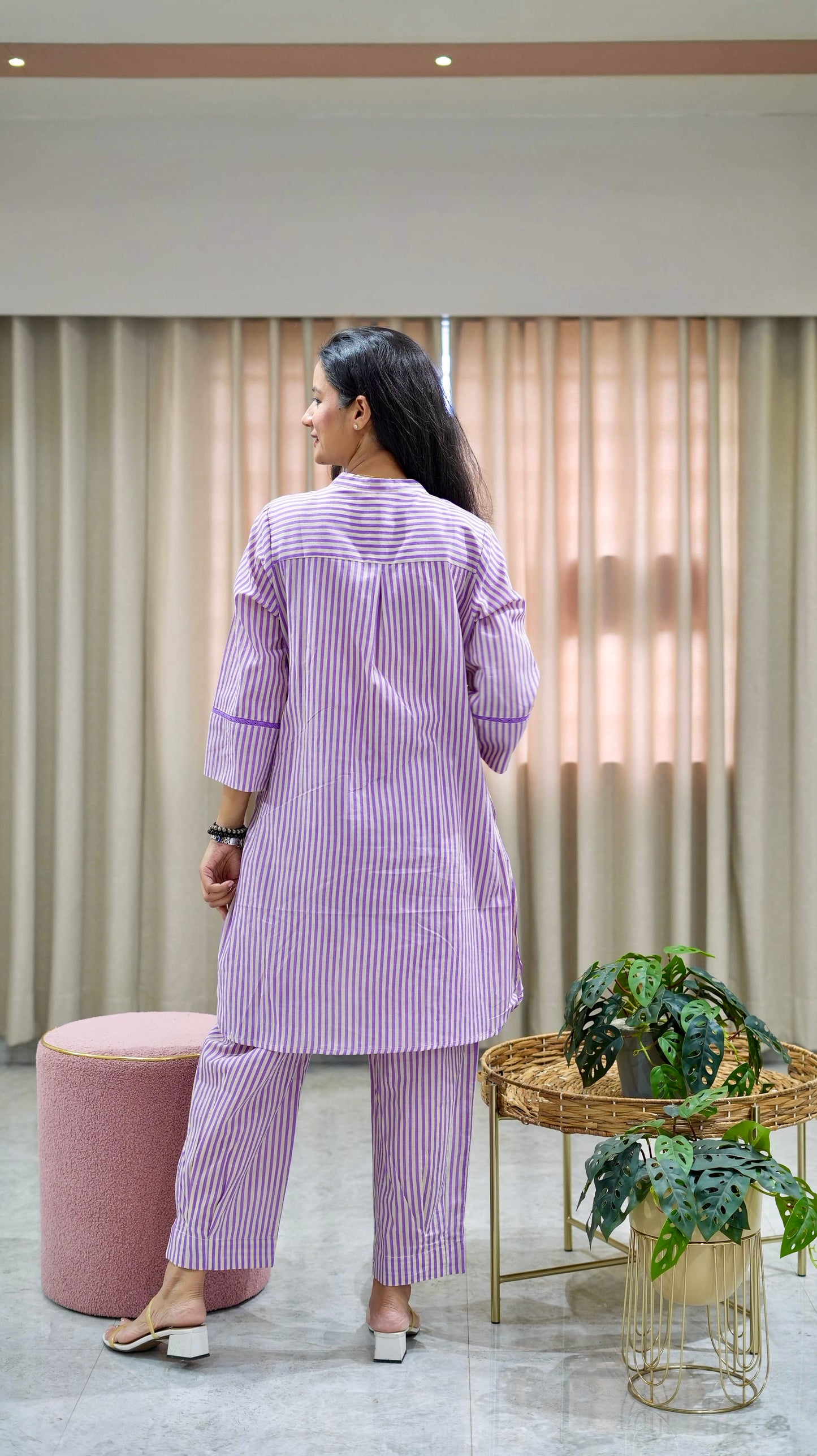 Striped Cotton Kurta Afghani Pant set with Floral Applique Patch