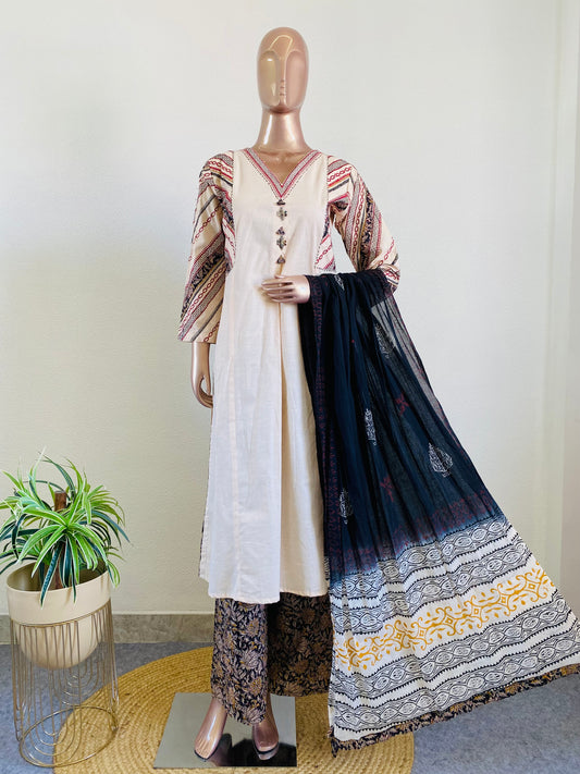 Embroidered & Appliqué Suit Set with Kalamkari Palazzo