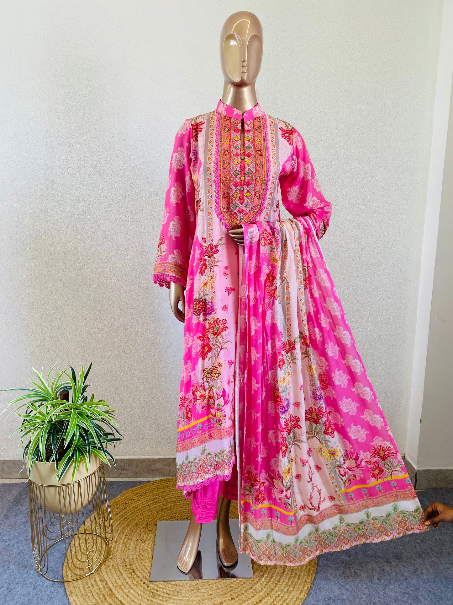 Printed Soft Muslin A-line Suit- Pink