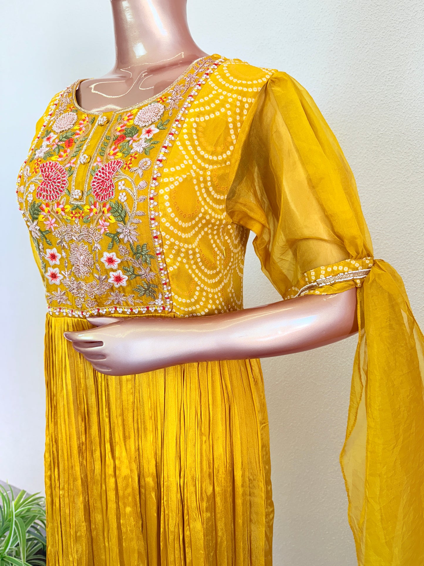 Chinon Gown with Bandhani Print Suit Set & Heavy work on Yoke & Organza Sleeves