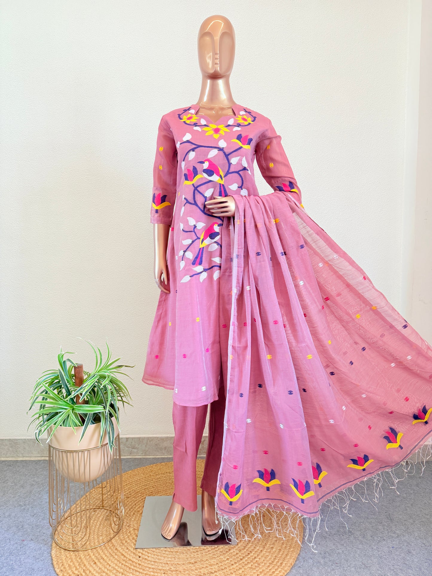 Jamdani A Line Suit Set with Scalloped Neckline- Pink