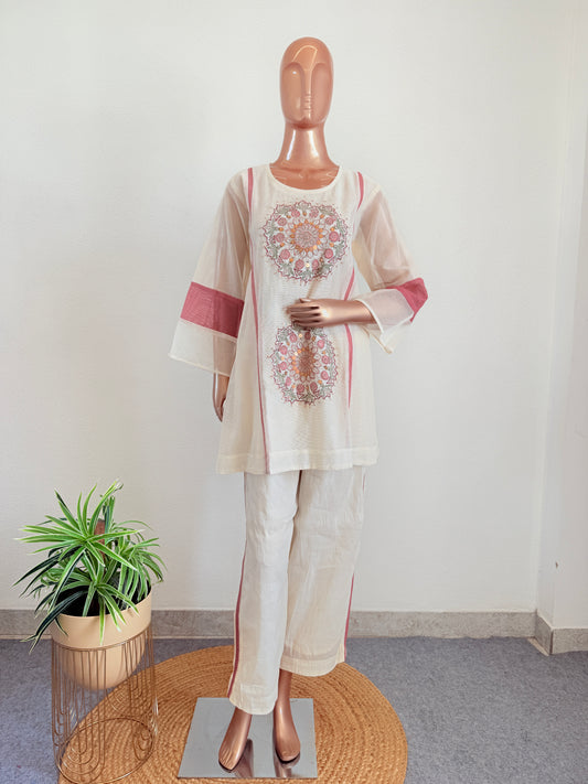Super Net Cotton Coord Set with Pink Mandala Embroidery and Sequins