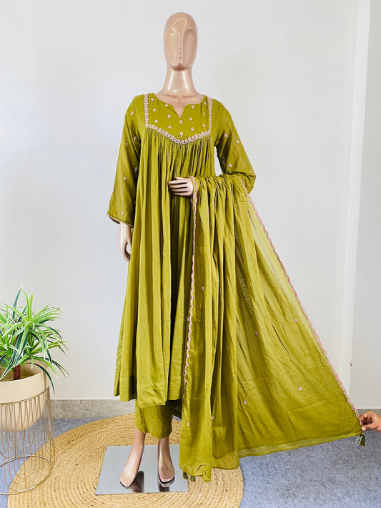 Embroidered Yoke Mul Cotton Frock Suit - Green