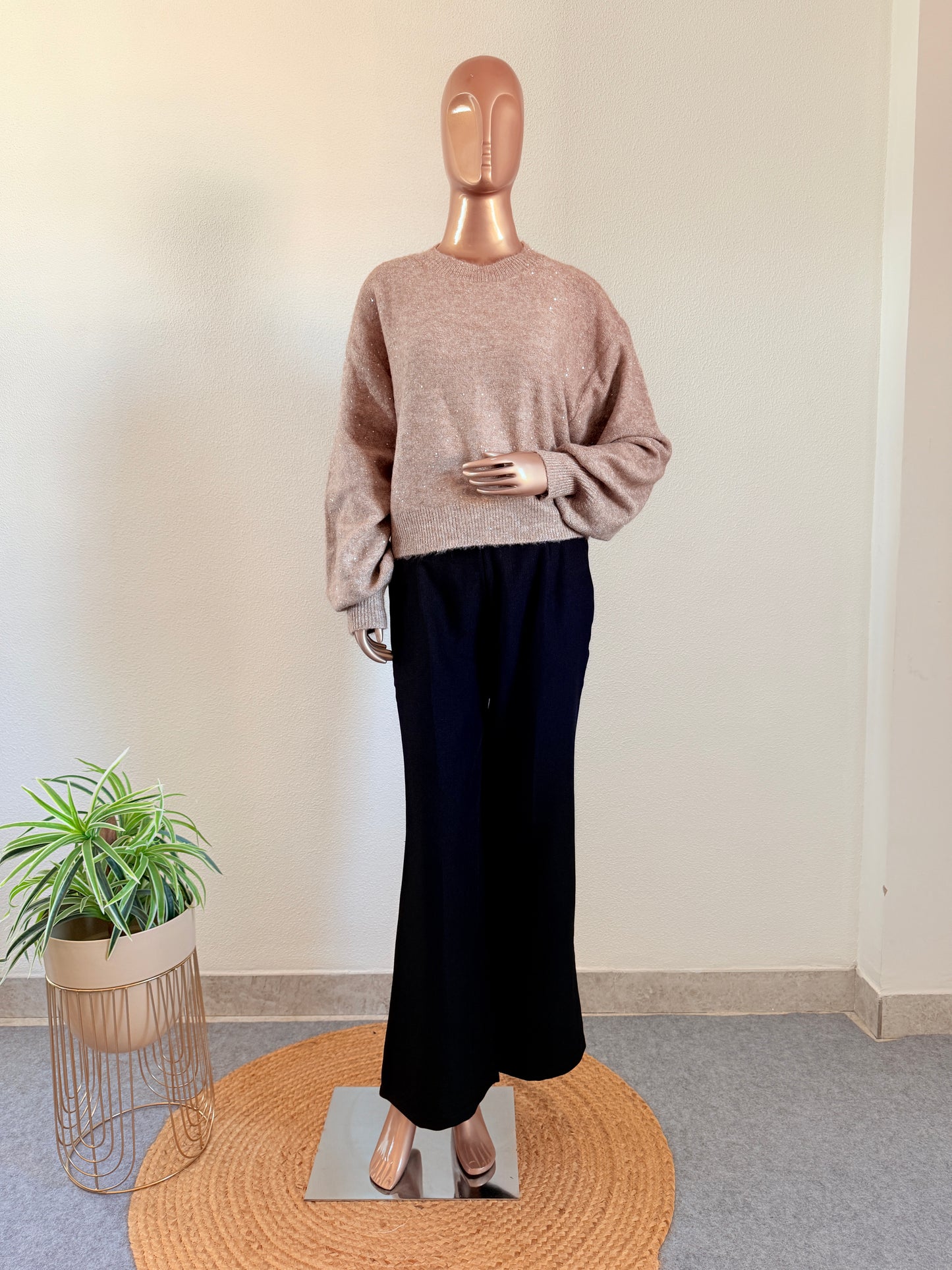 Knitted Woollen Top with Shimmer & Sequin Detail - Beige