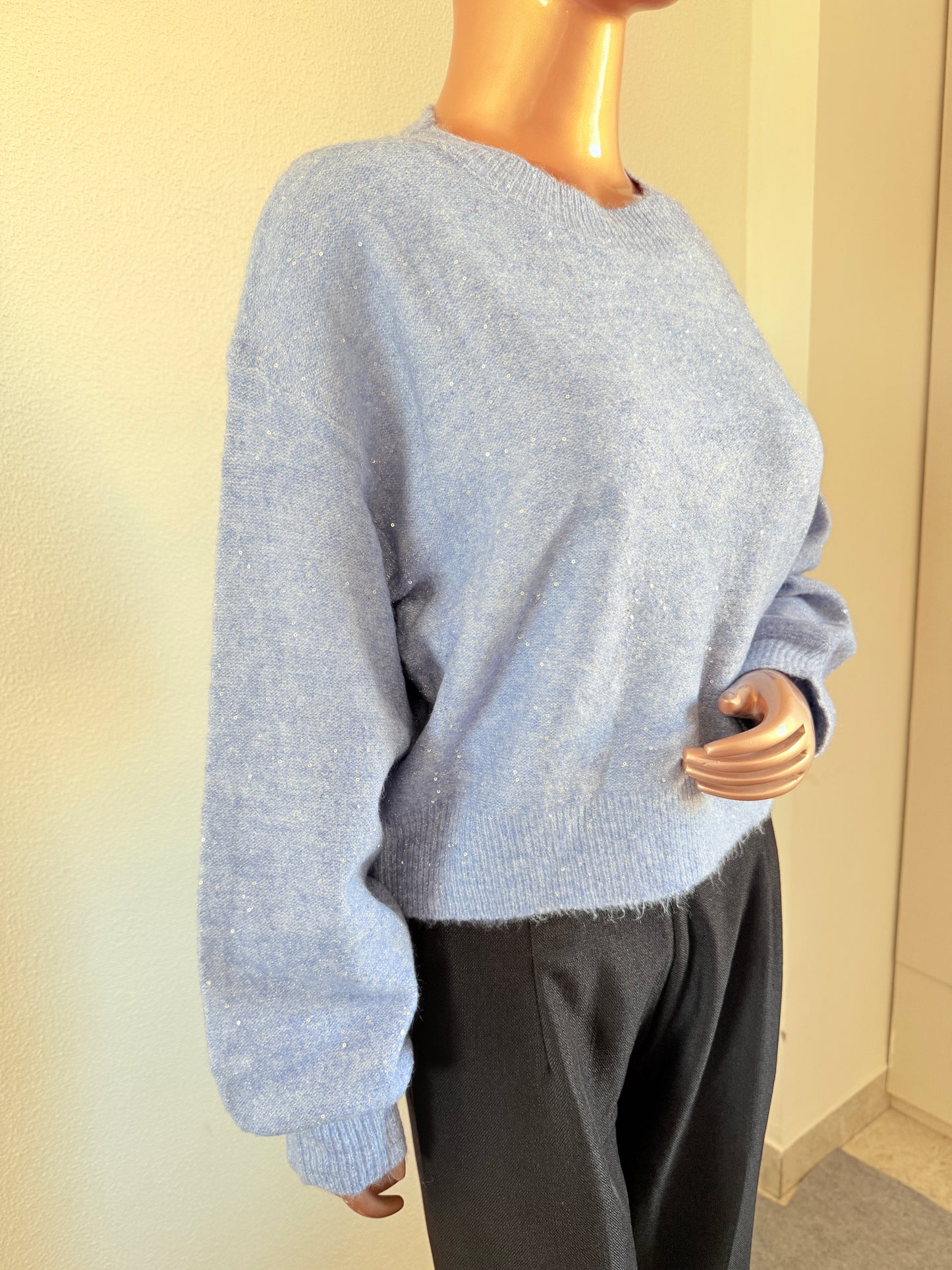 Knitted Woollen Top with Shimmer & Sequin Detail - Blue