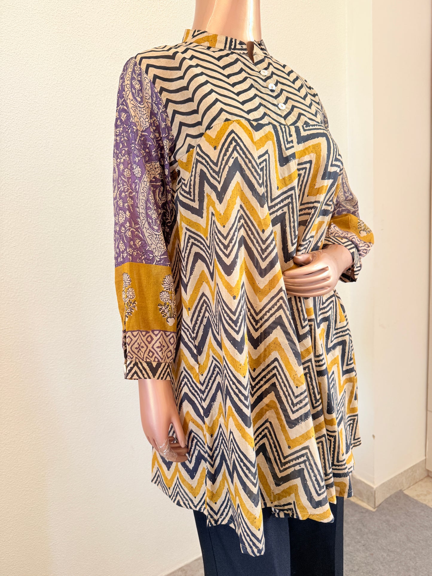 Ethnic Mul Chanderi Fusion A-Line Top- Mustard