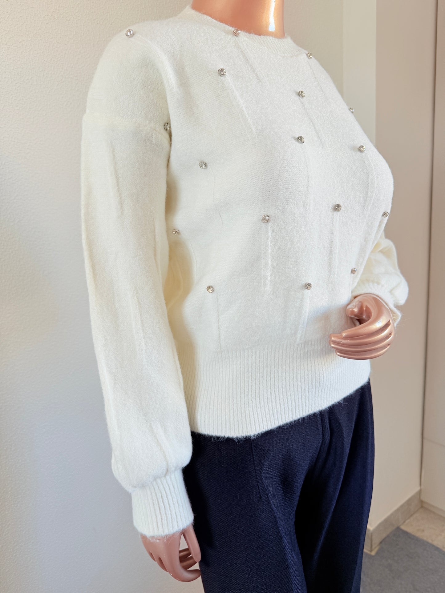 Woollen Top with Diamond Studs - White