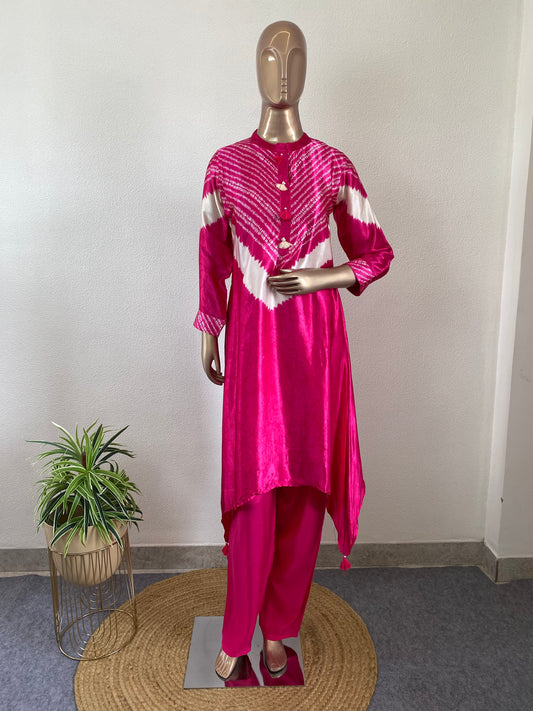 Bandhani Gajji Silk Kurta Pant Set - Pink