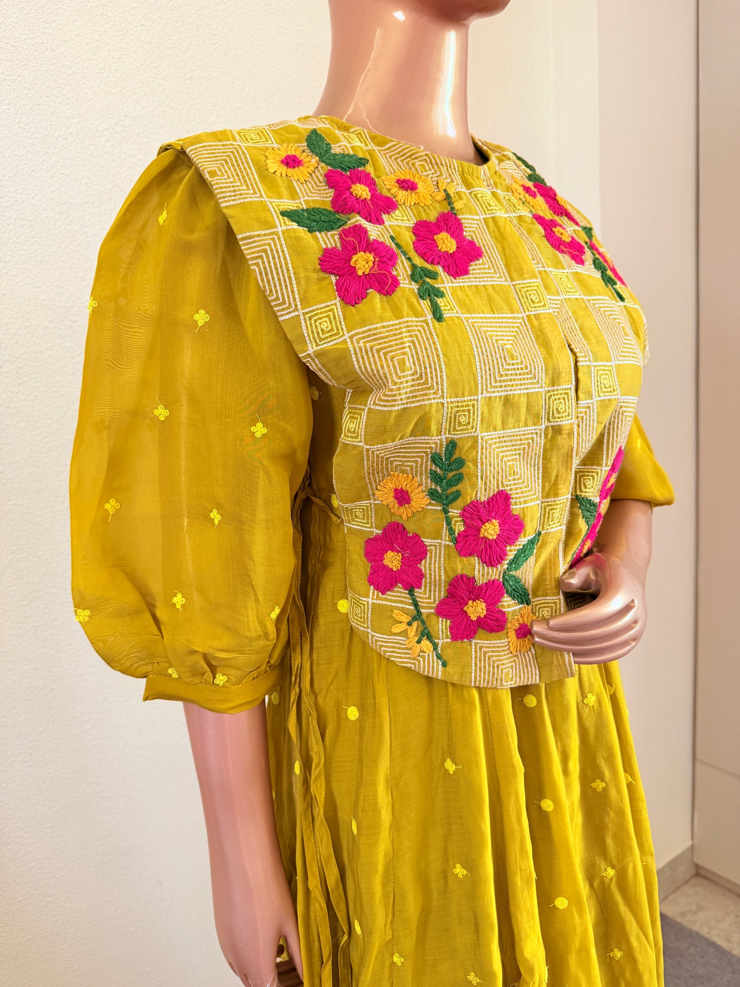 Olive Mustard Chanderi Anarkali Kurta Set with Embroidered Koti Jacket and Pants