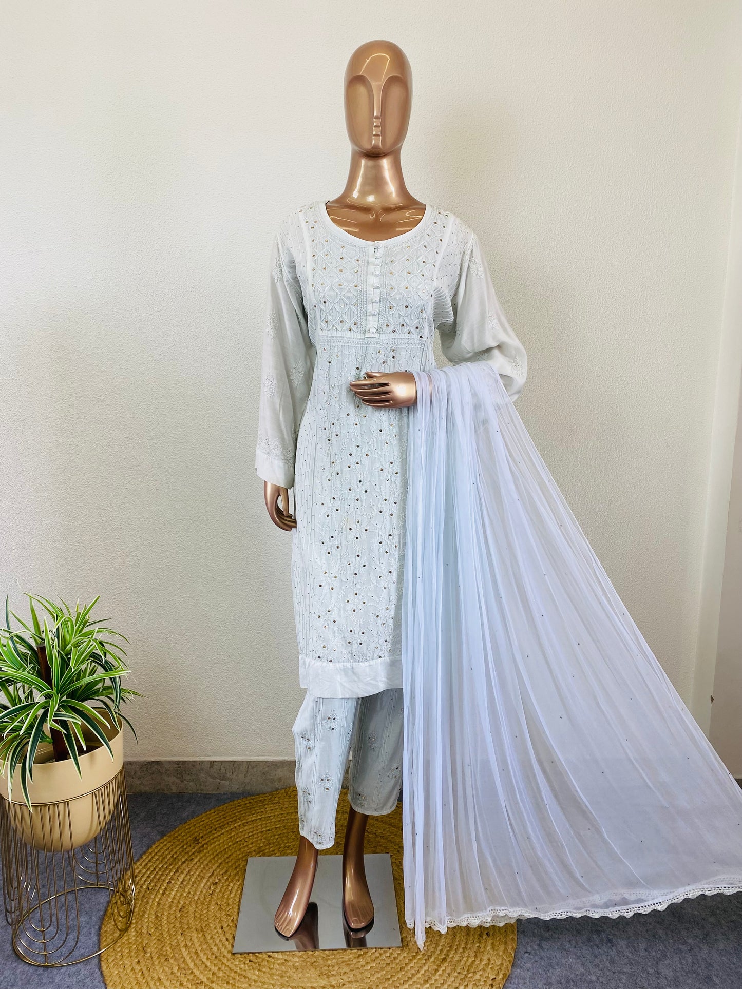 Muslin Lucknavi suit with Mukaish Work - Blue