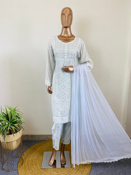 Muslin Lucknavi suit with Mukaish Work - Blue