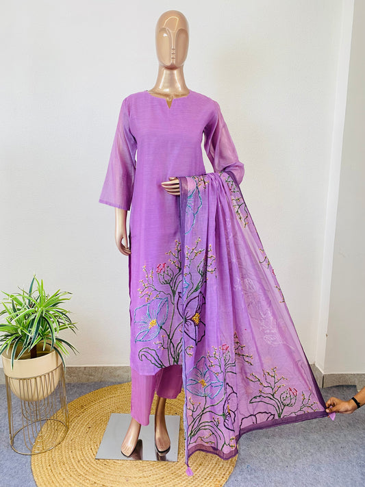 Semi Chanderi Abstract Print Suit Set with French Knot work