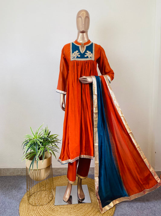 Pure Mul Chanderi Frock Suit with Contrast Yoke Detailing