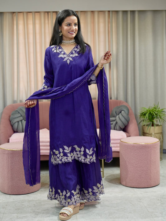 Designer Pure Silk Suit with Thread & Zari Work and Wide Palazzo & Organza Dupatta