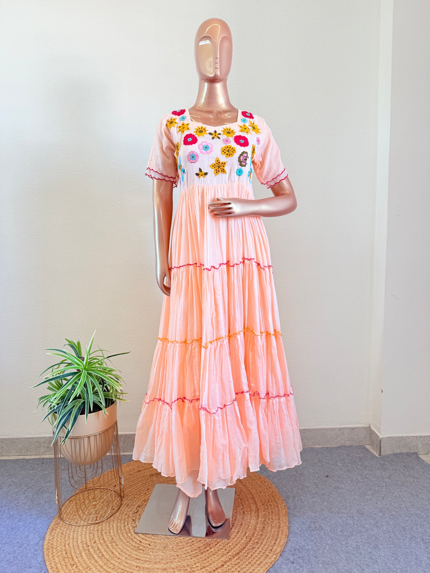 Pure Kota Doria Tiered Pattern Suit with Hand Work on Yoke