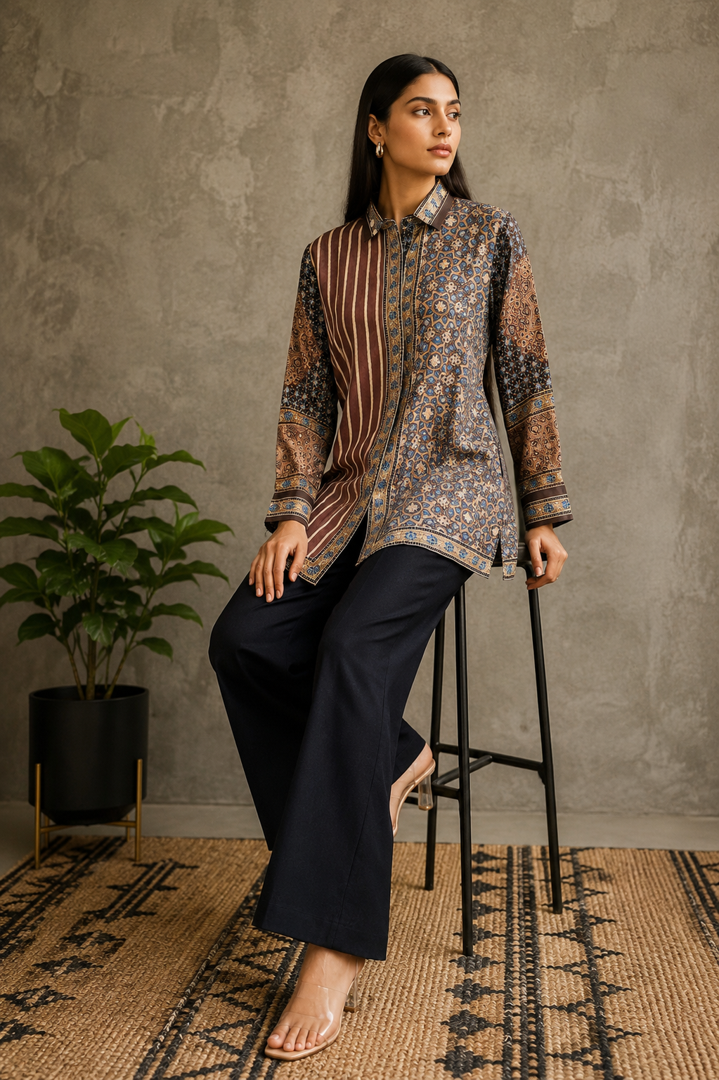 Ajrakh Printed Crepe Shirt with Striped Accents