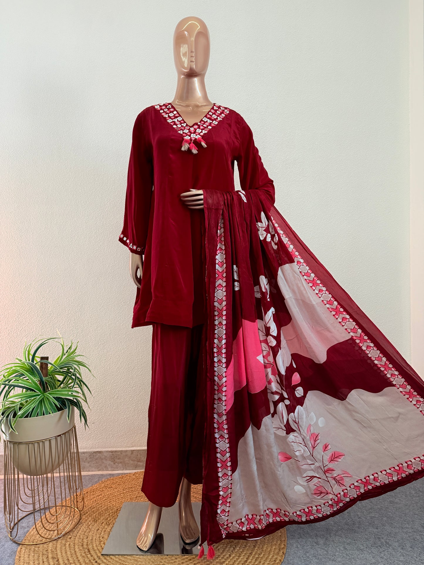 Crepe Short Anarkali Suit Set with printed Chiffon Dupatta
