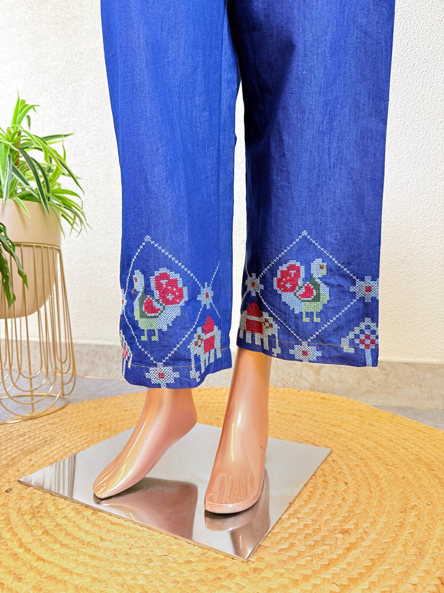 Patola Folk Embroidered Sleeveless Denim Co-Ord Set with Wide-Leg Pants
