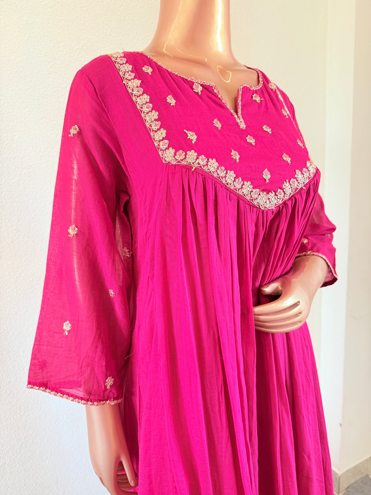 Mul Cotton Frock Suit with Zari Work - Pink