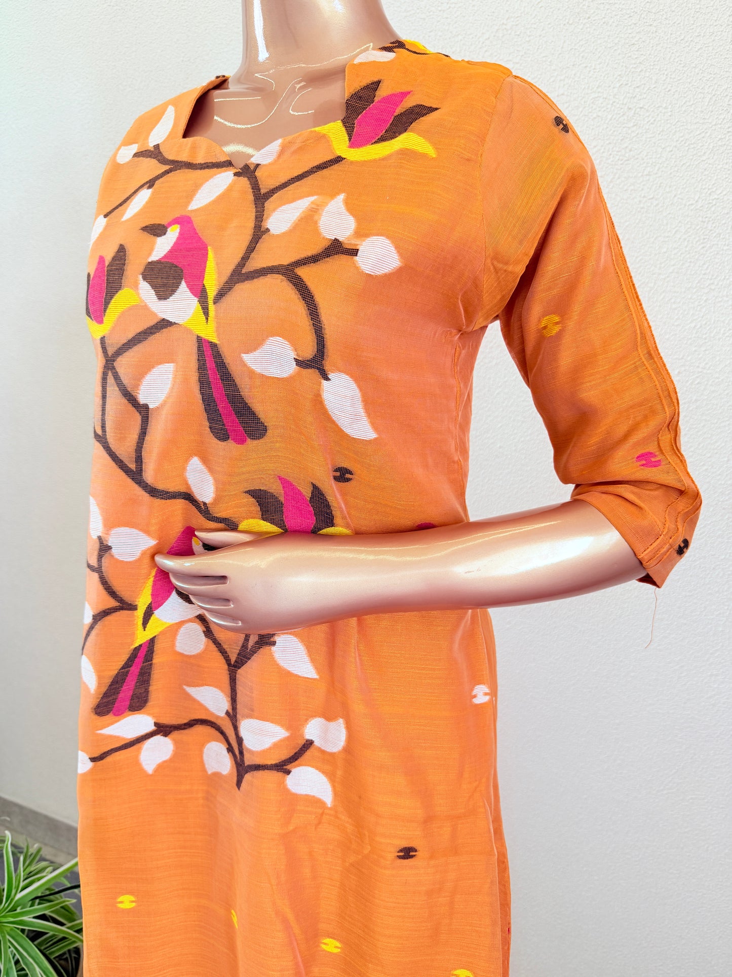 Jamdani A Line Suit Set with Scalloped Neckline- Orange