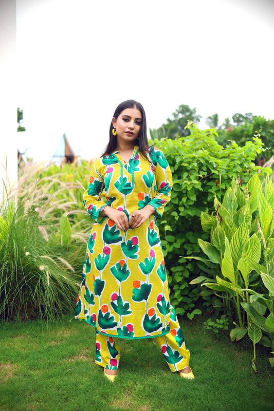 Bold Floral Print Yellow Kurta Set with Green Accents