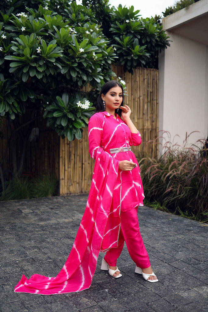 Elegant Fuchsia Tie-Dye Ethnic Set - Effortless Style