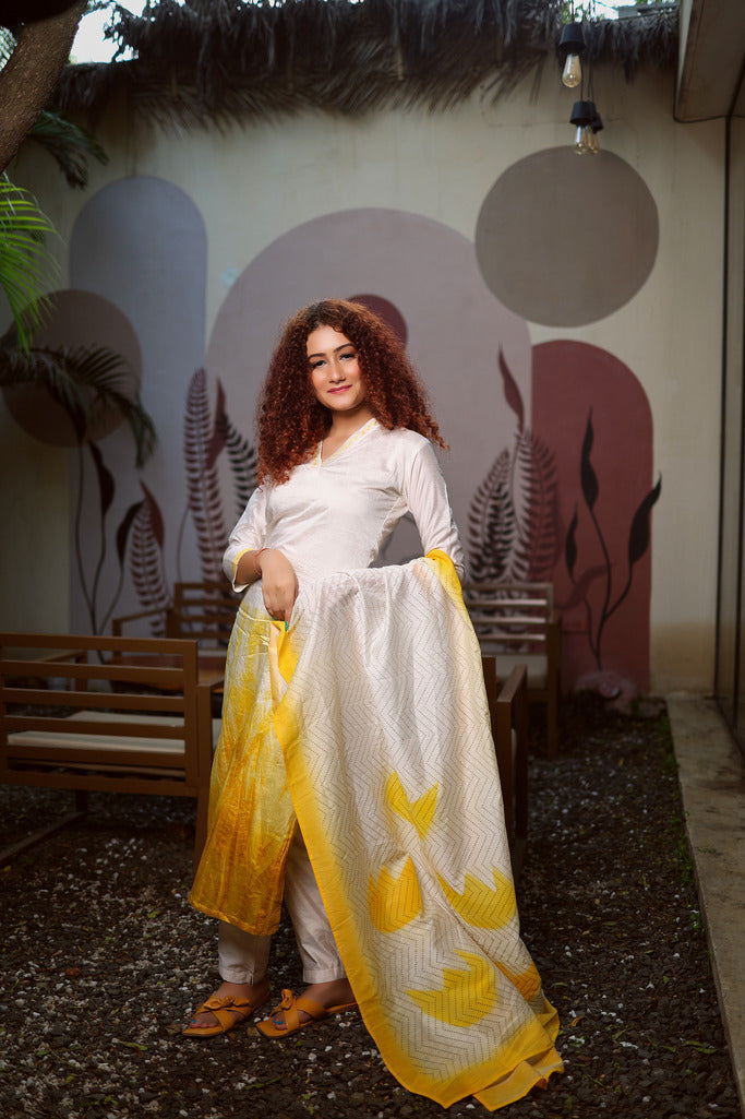 White and Yellow Kurta Set with Dupatta - Subtle Sophistication