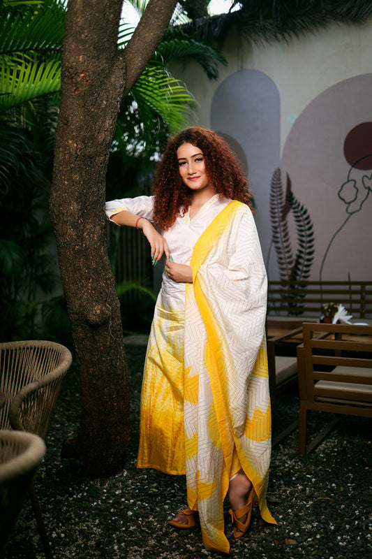 White and Yellow Kurta Set with Dupatta - Subtle Sophistication