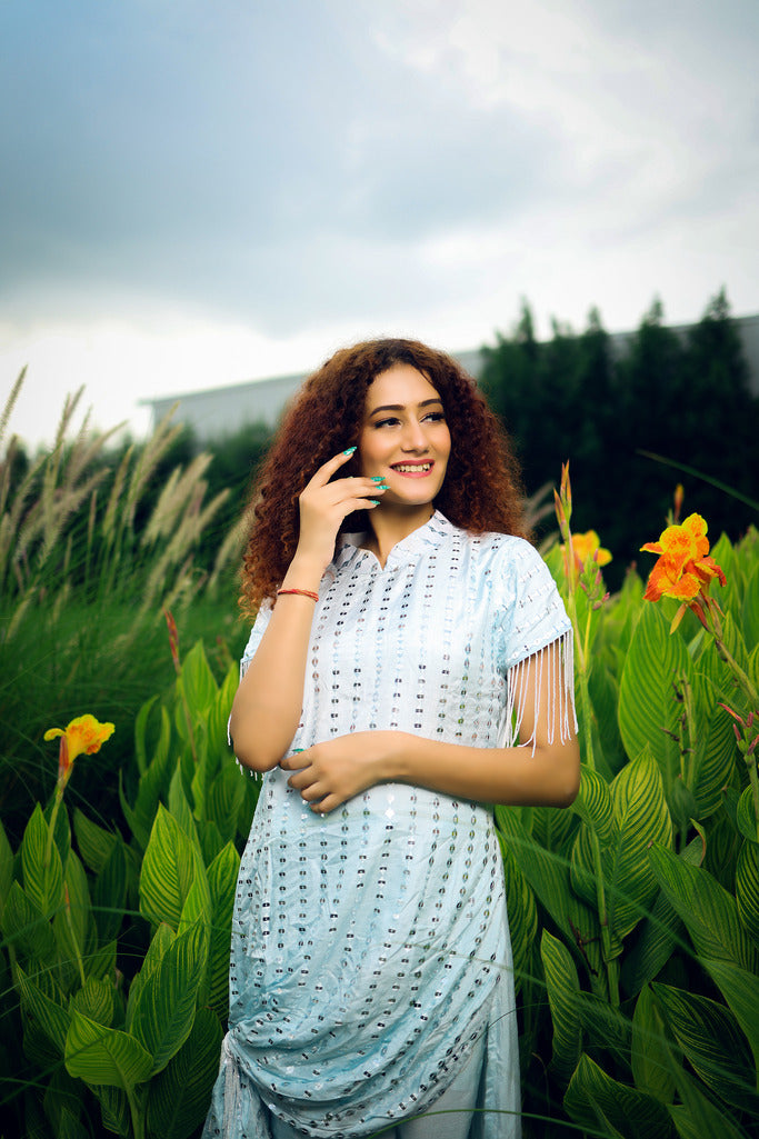 Pastel Blue Kurta Set with Mirror Work - Effortless Elegance