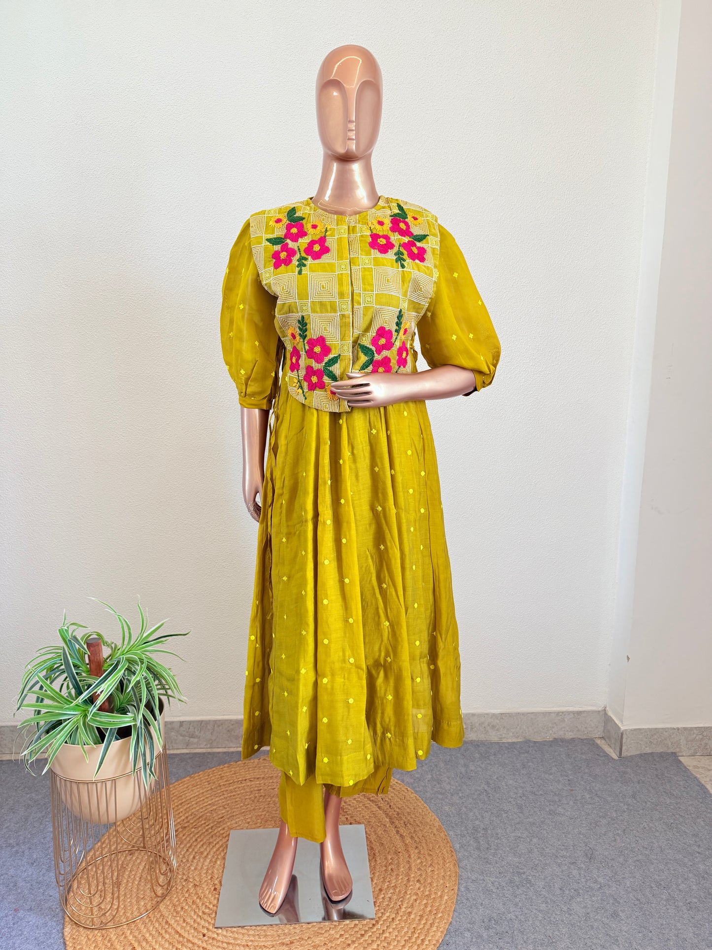 Olive Mustard Chanderi Anarkali Kurta Set with Embroidered Koti Jacket and Pants