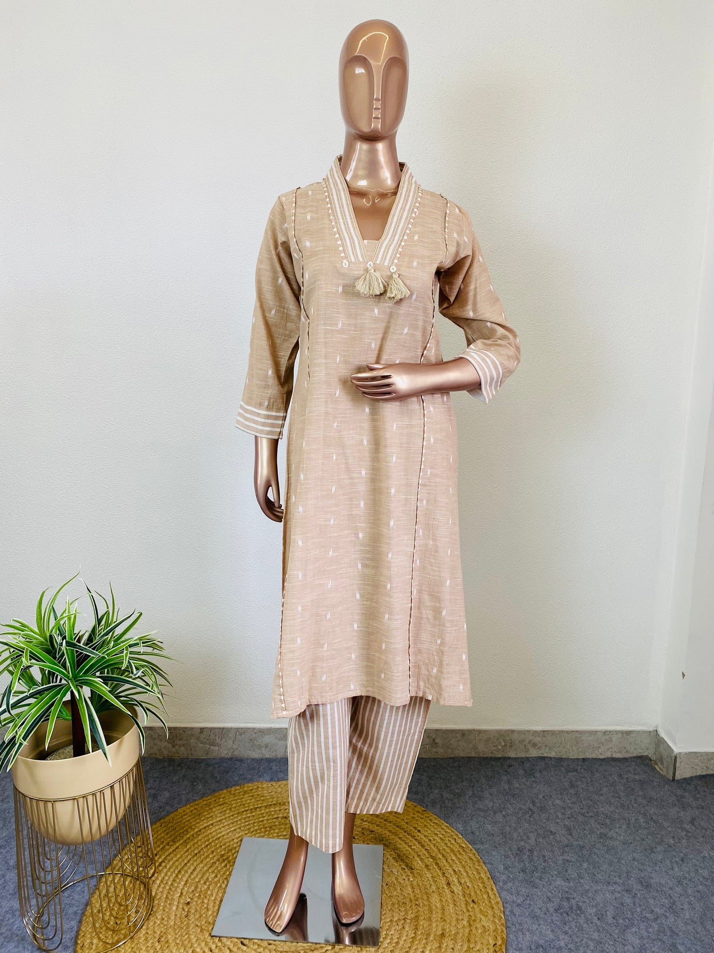 Woven Cotton Turn Collar Kurta Pant Set - Almond