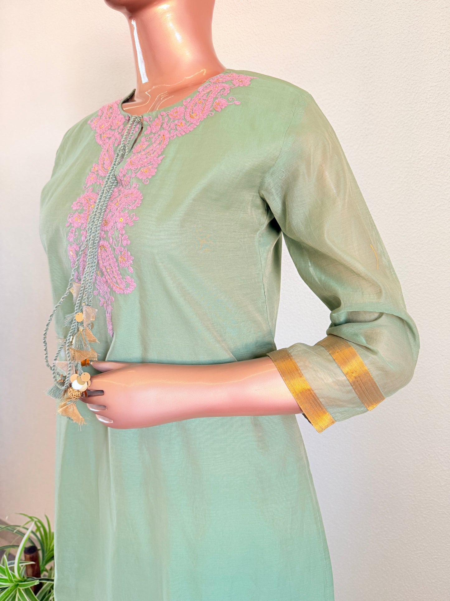 Chanderi Kurta Palazzo Suit Set with Aari work and Contrast Dupatta