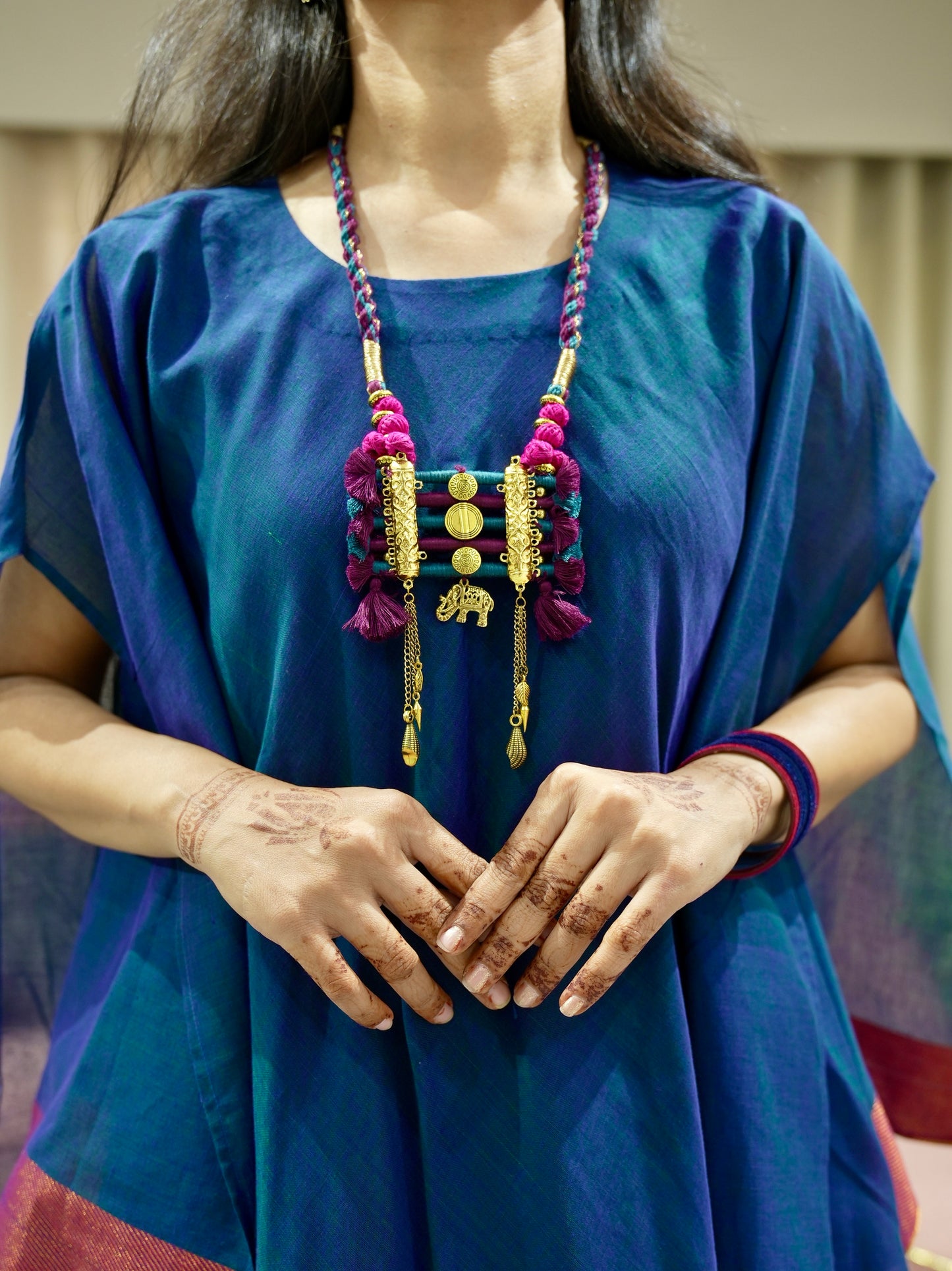 Chanderi Kaftan Indo Western with Neck Piece - Blue