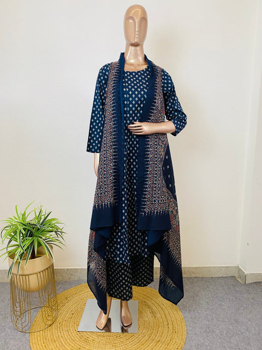 Block Print Cotton Anarkali Suit with Kota Doria Jacket