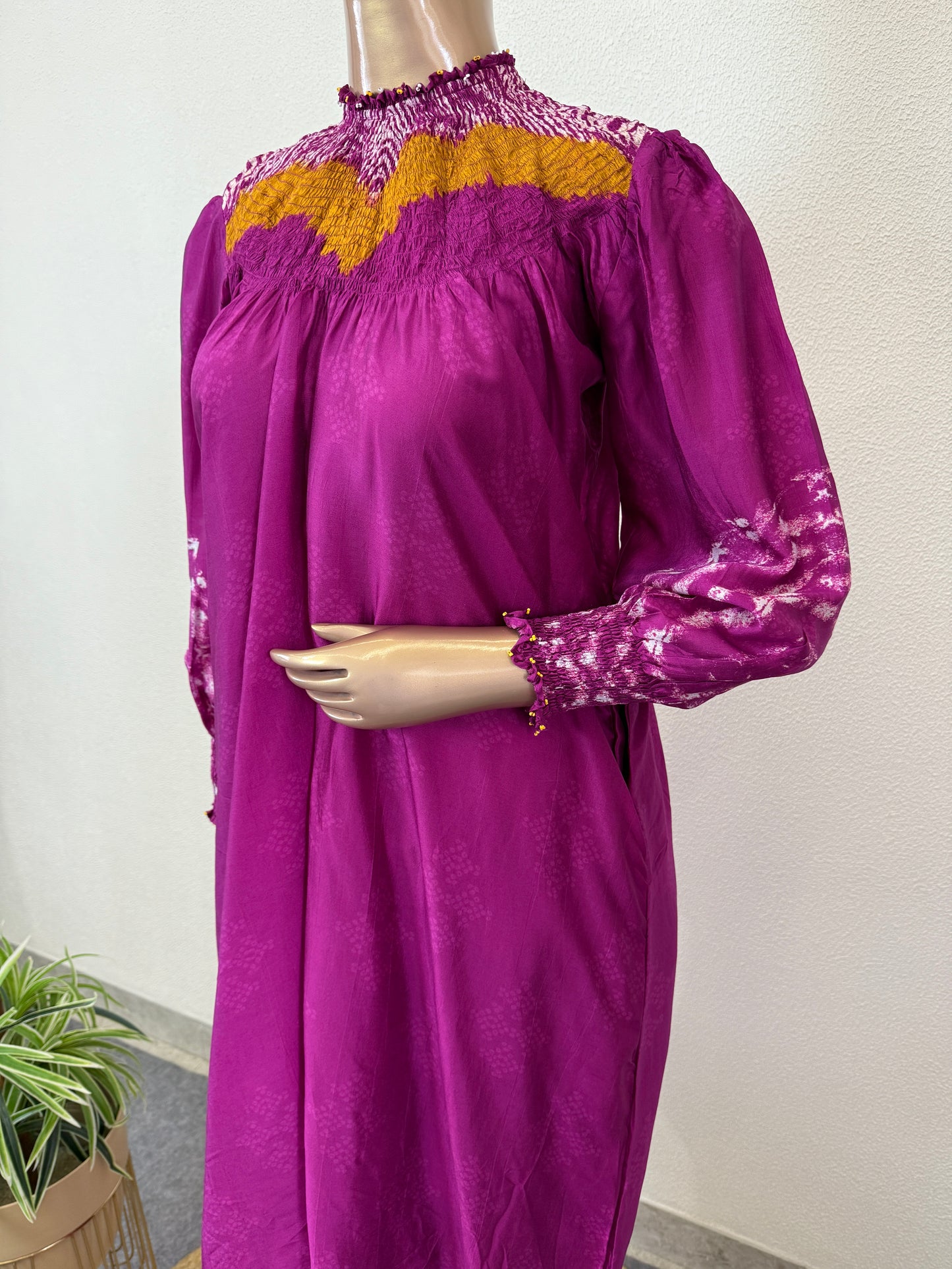 Premium Silk Kurta Pant set with Smoked Neckline- Wine