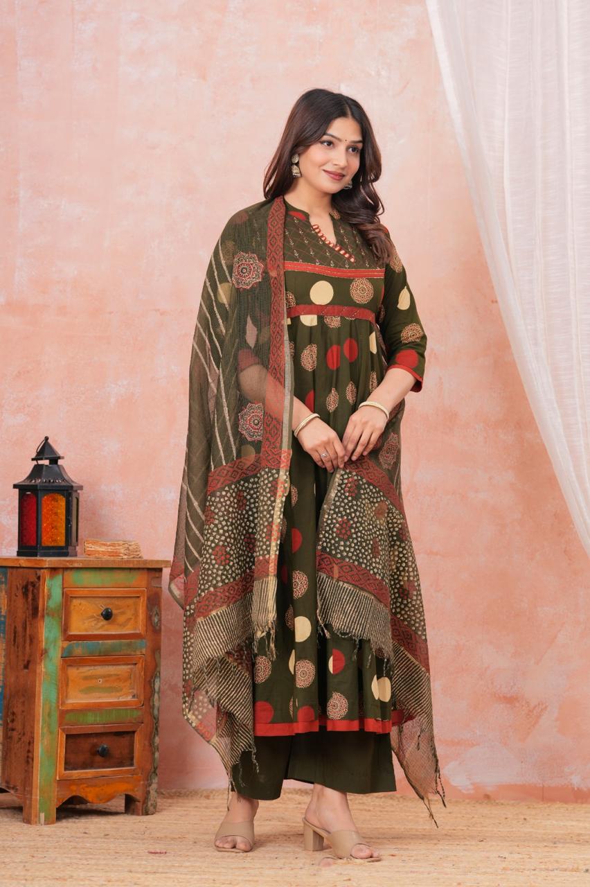 Printed Cotton Frock Suit with Kota Doria Dupatta