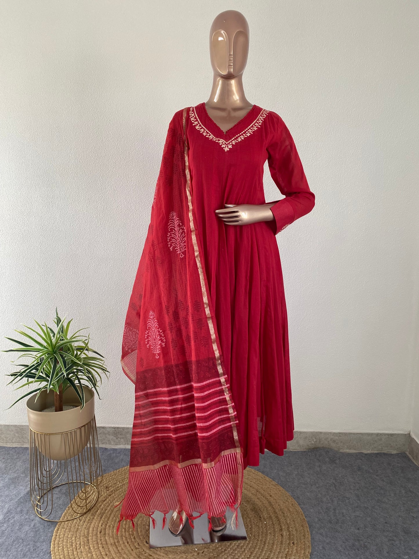 Pittan Work cotton Anarkali with Kota Doria Dupatta- Red