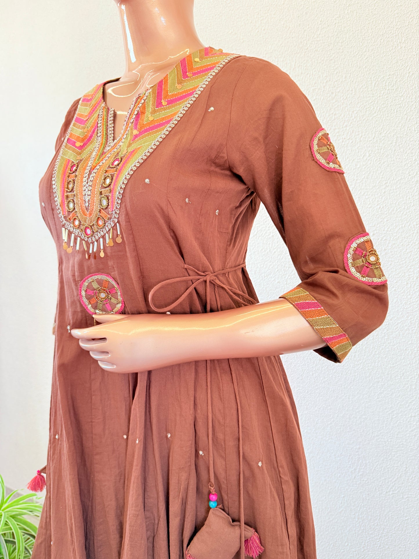Mul Cotton Frock Suit with Heavy Neck Work - Brown