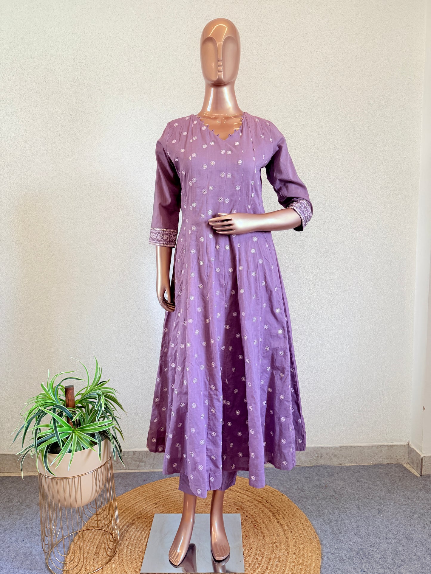 Embroidered Cotton Anarkali Set - Lavender