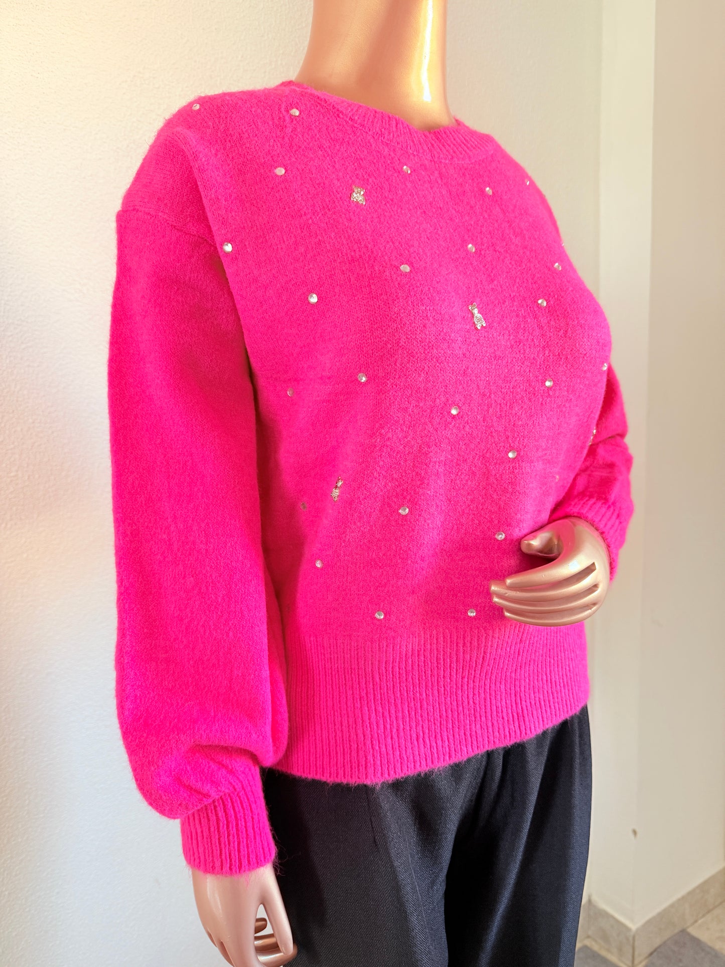 Woollen Top with Diamond and Teddy Bear Studs -Hot Pink