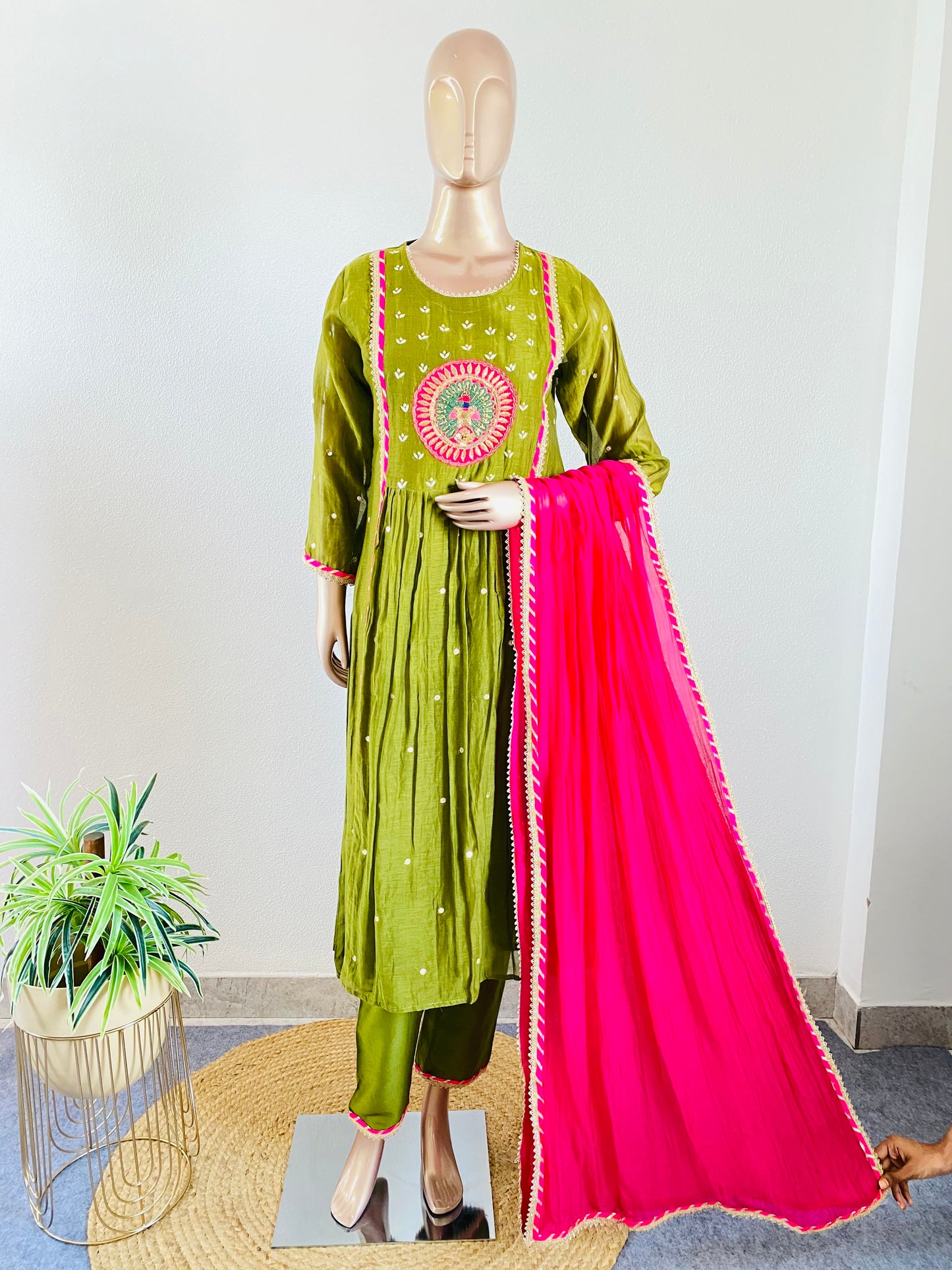 Hand Embroidered Mul Chanderi Suit Set with Contrast Dupatta