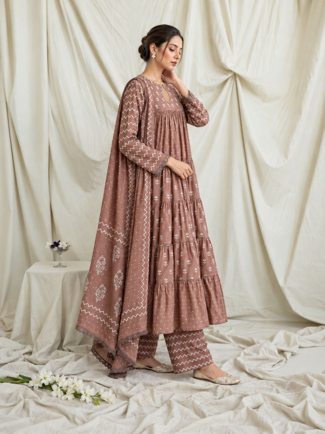 Tiered Block Print Cotton Anarkali Set with Dupatta - Mocha