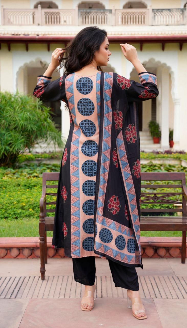 Ajrakh Print Silk suit with Organza Dupatta