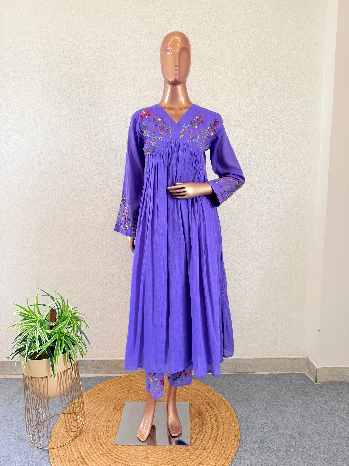 Malai Cotton Frock Suit Set with Hand Embroidery - Purple